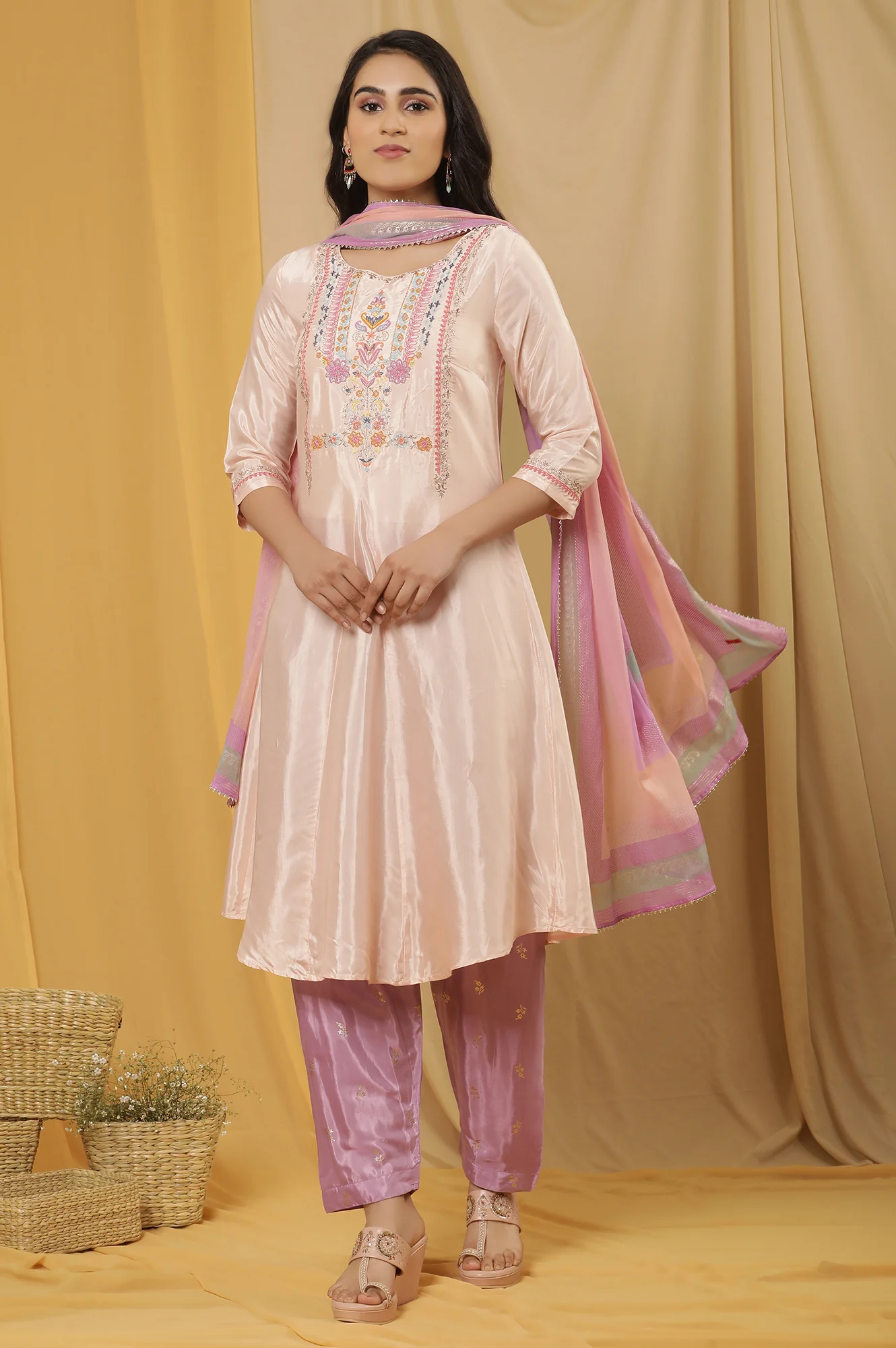 Peach Embroidered Flared Kurta, Salwar And Dupatta Set - Image 2