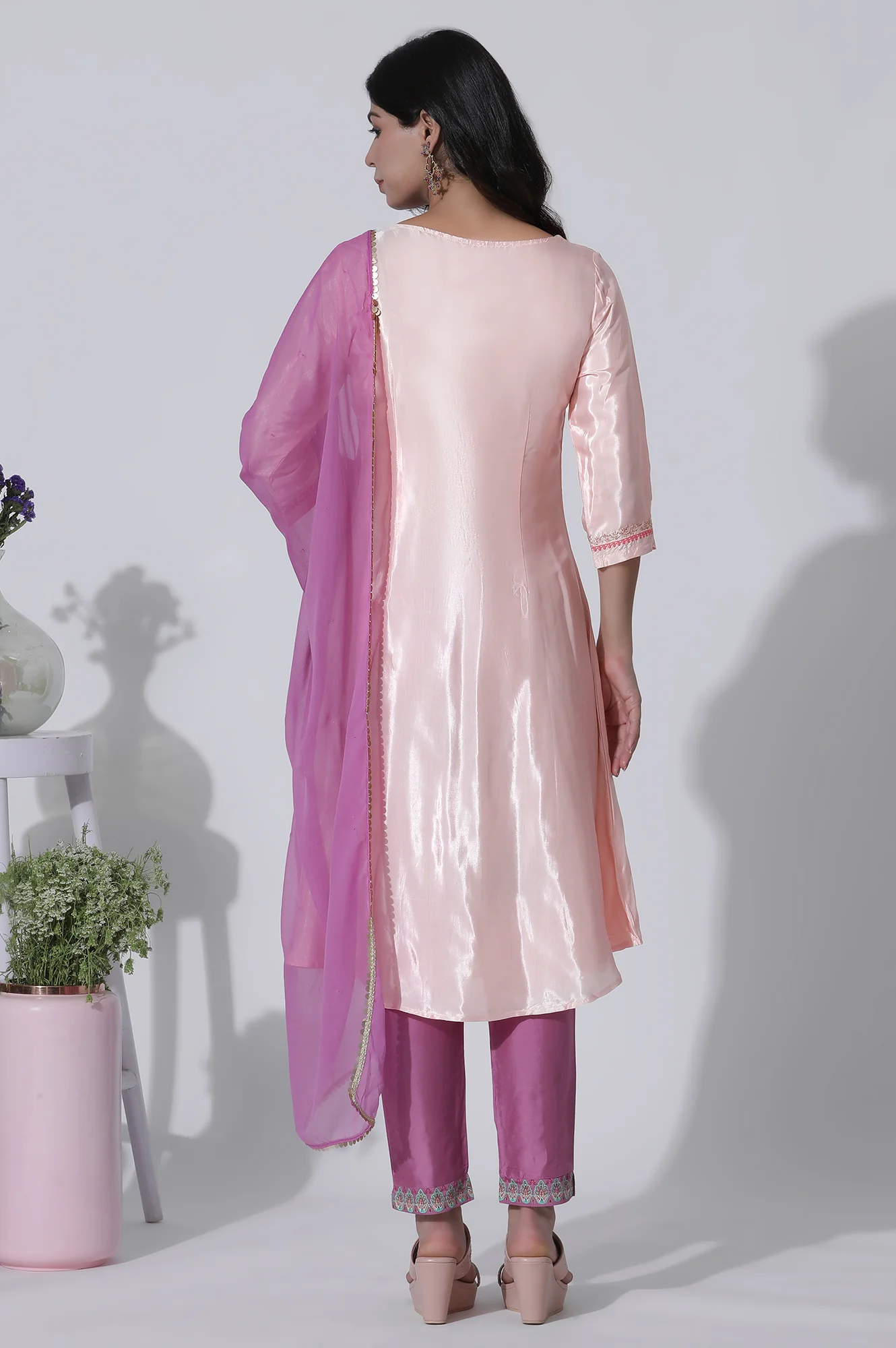 Peach Embroidered Shantung Kurta, Slim Pants With Chiffon Dupatta Set - Image 4