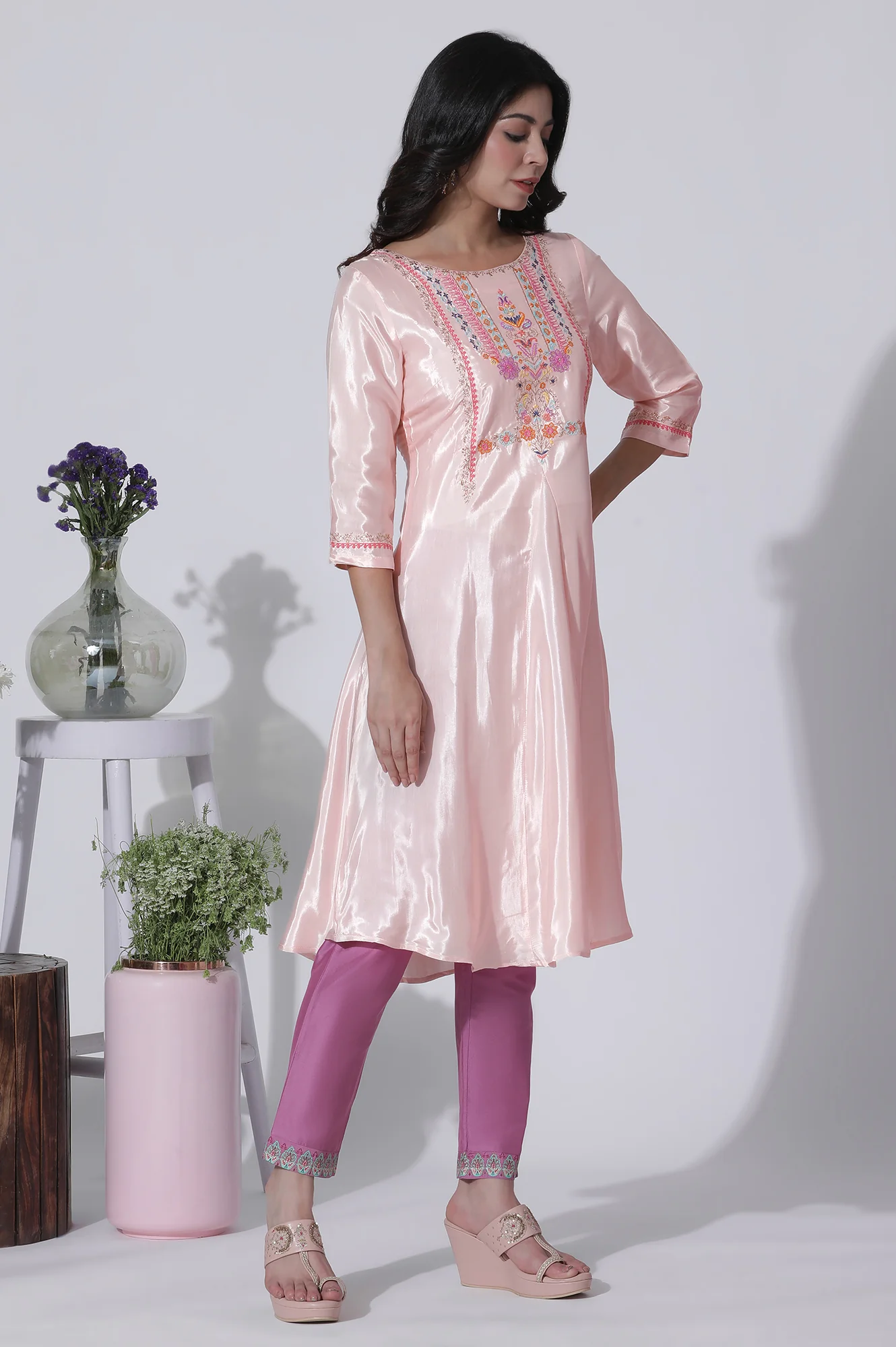 Peach Embroidered Shantung Kurta, Slim Pants With Chiffon Dupatta Set - Image 5