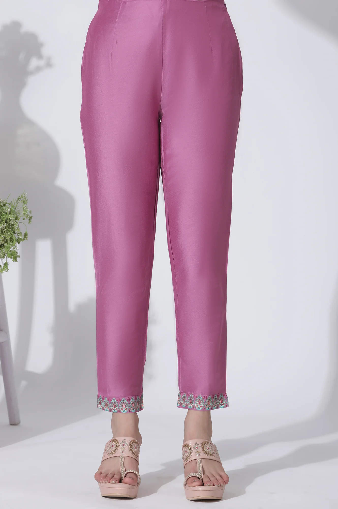Peach Embroidered Shantung Kurta, Slim Pants With Chiffon Dupatta Set - Image 8