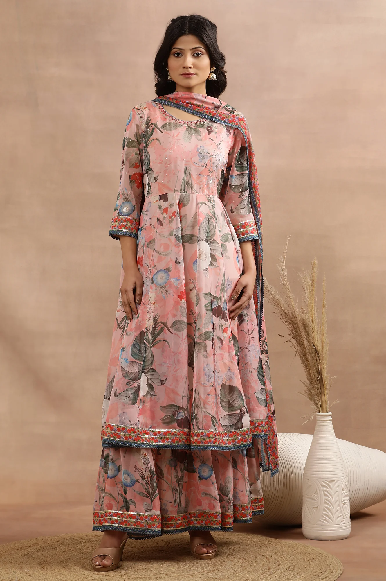 Peach Floral Printed Mock Layered Dress And Dupatta Set - Image 2