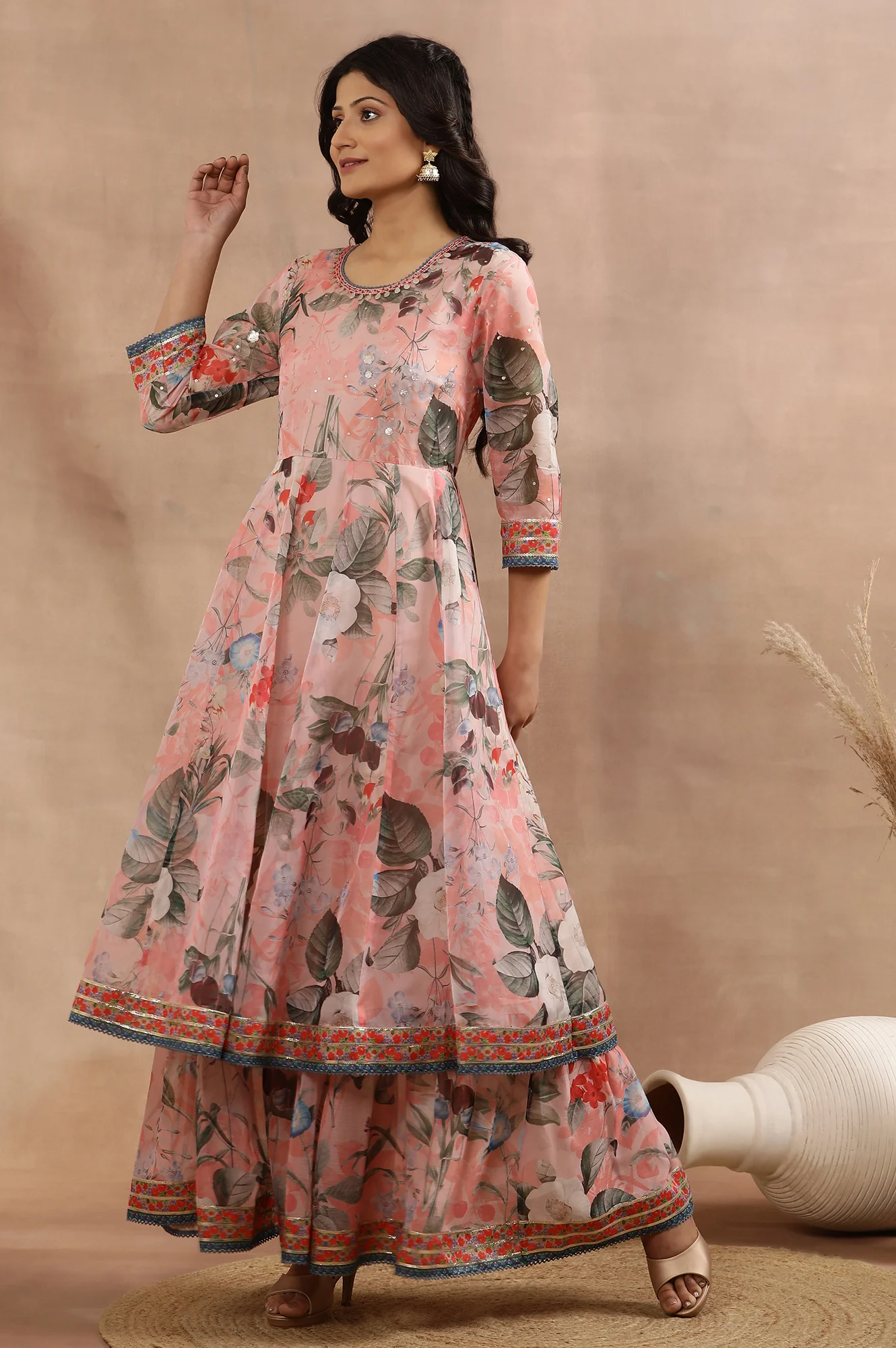 Peach Floral Printed Mock Layered Dress And Dupatta Set - Image 3