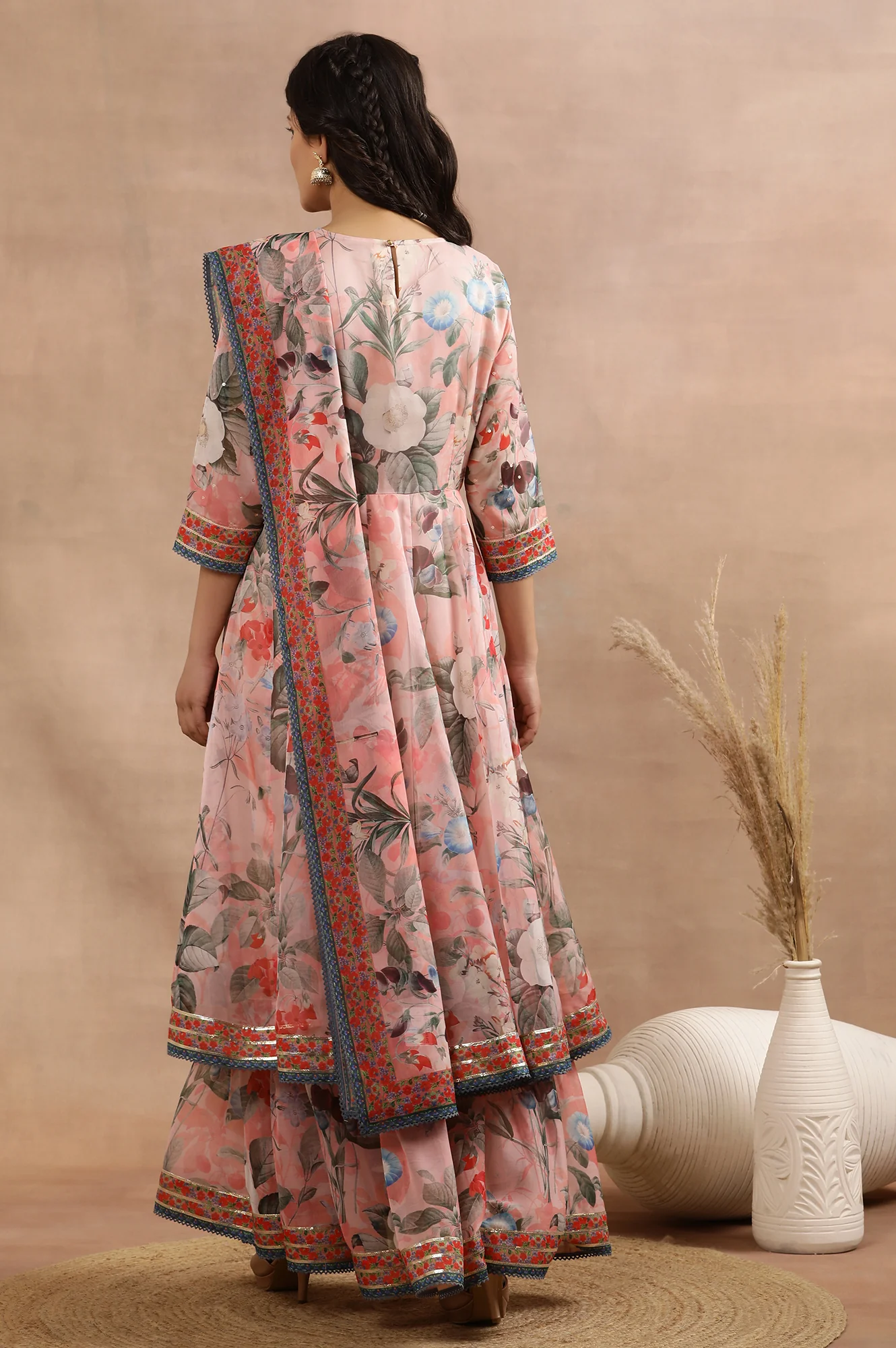 Peach Floral Printed Mock Layered Dress And Dupatta Set - Image 4
