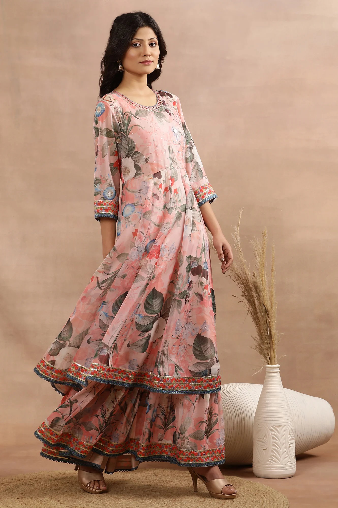 Peach Floral Printed Mock Layered Dress And Dupatta Set - Image 5