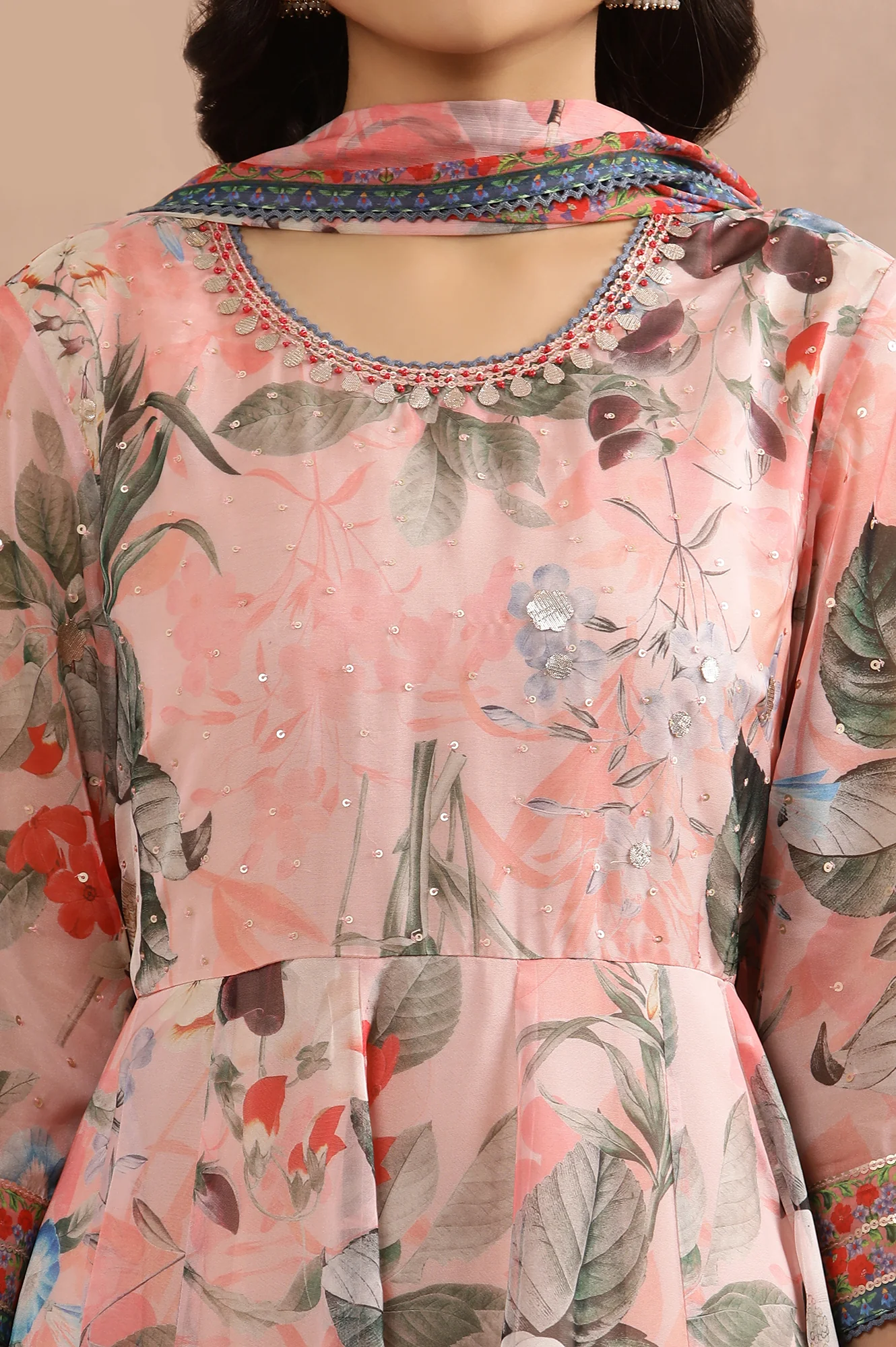 Peach Floral Printed Mock Layered Dress And Dupatta Set - Image 6