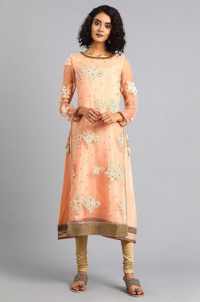 Peach Round Neck Printed kurta - Image 2