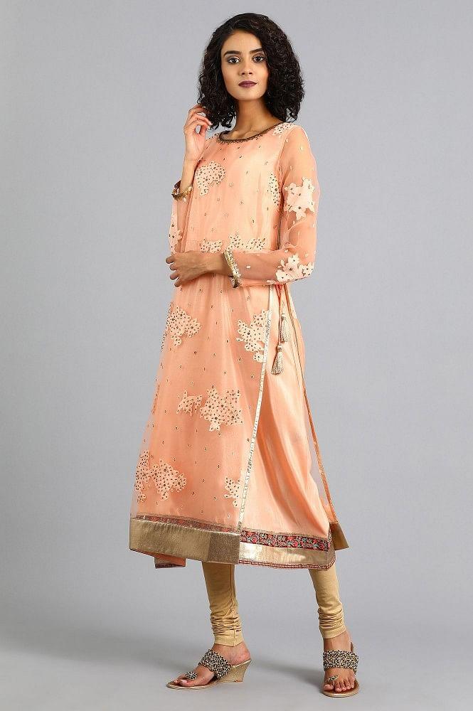 Peach Round Neck Printed kurta - Image 3