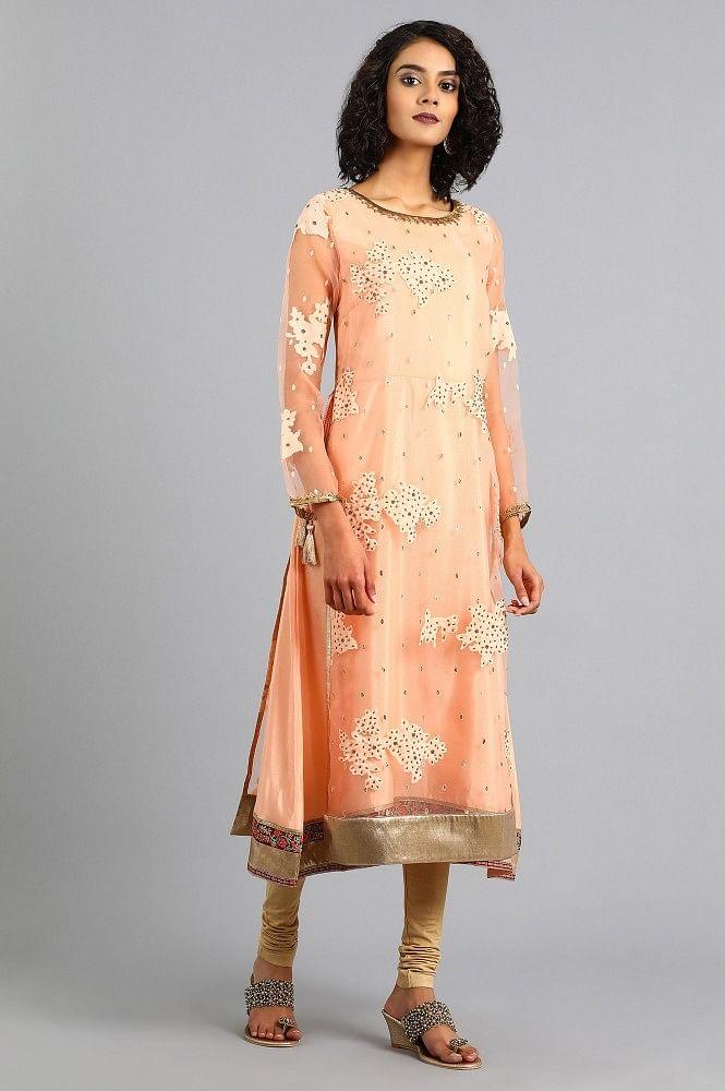 Peach Round Neck Printed kurta - Image 4