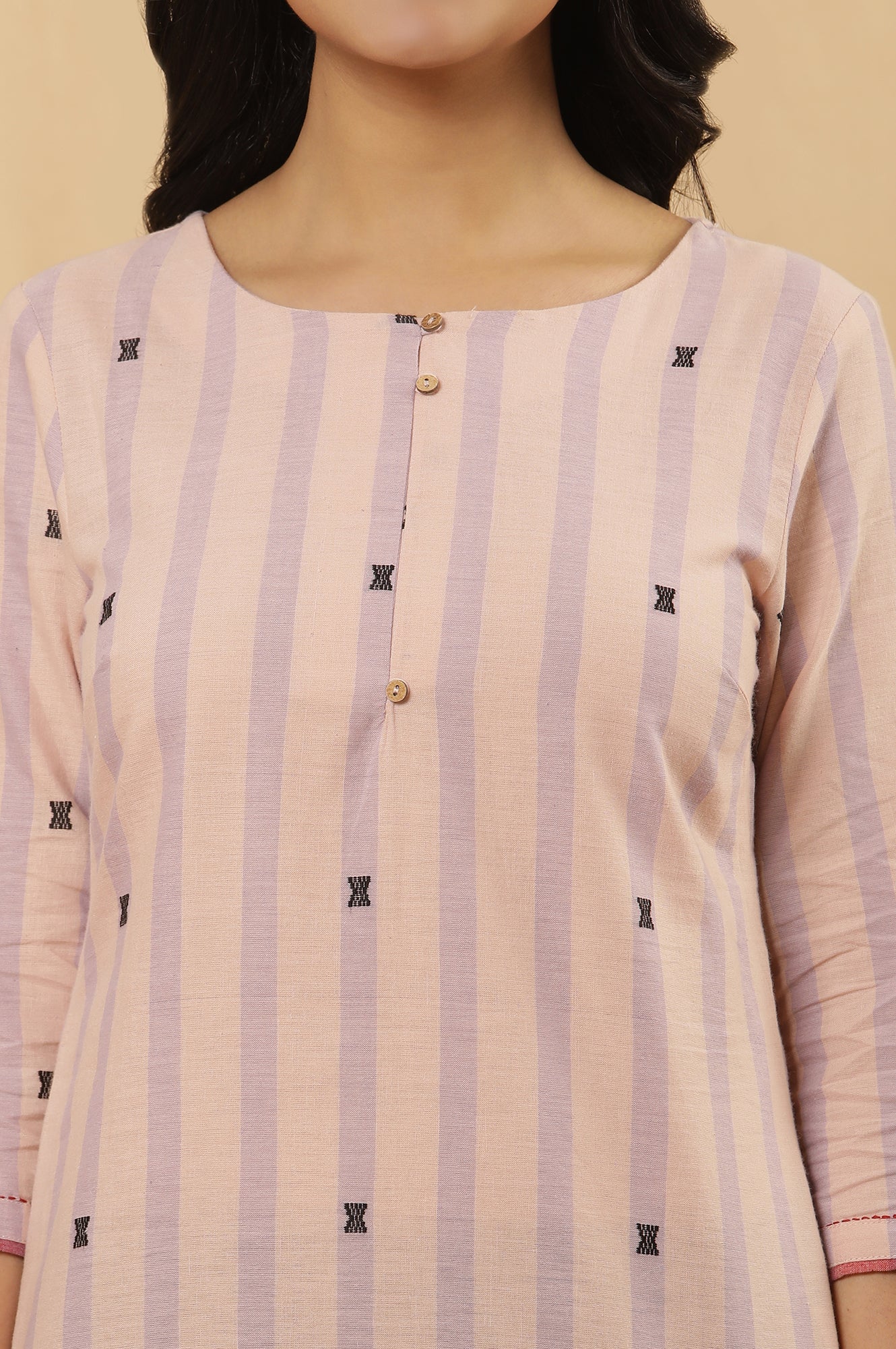 Peach Striped Cotton Kurta And Trousers Set - Image 6