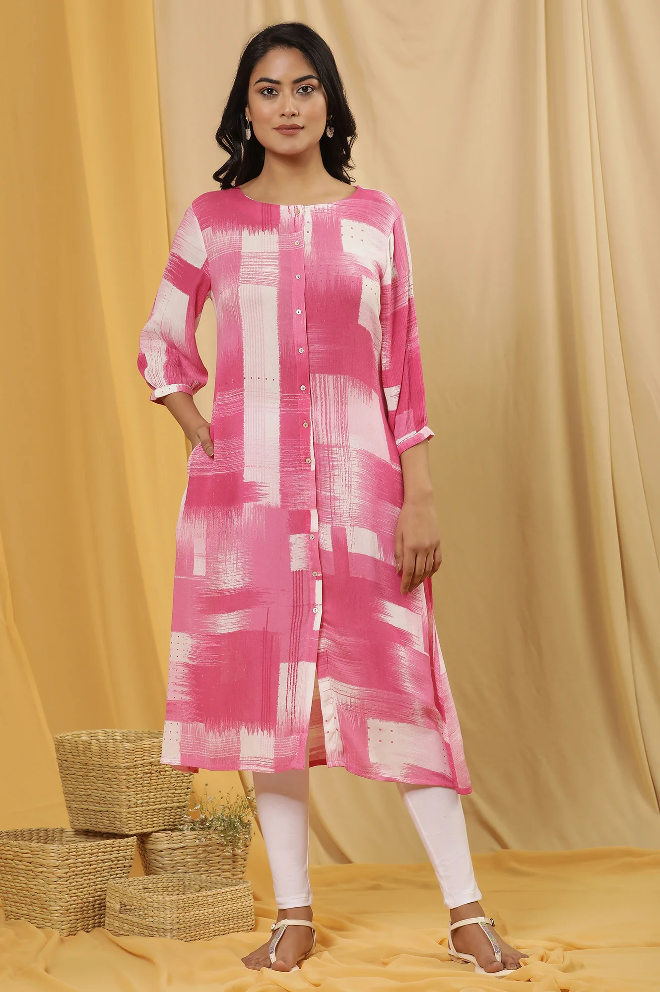 Pink Abstract Printed Kurta And Tights Set - Image 2