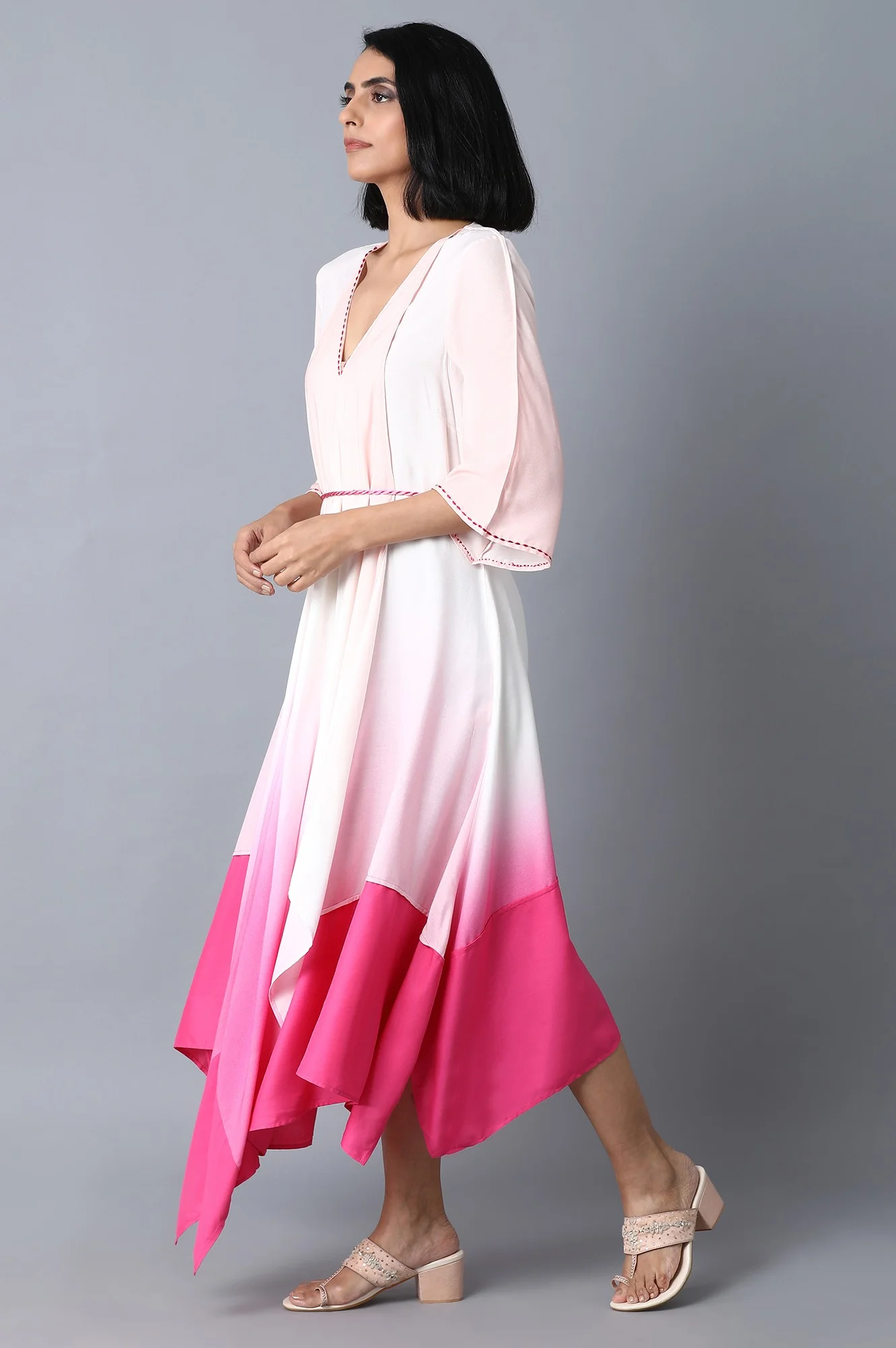 Pink and Ecru Color Blocked Asymetric Dress - Image 3