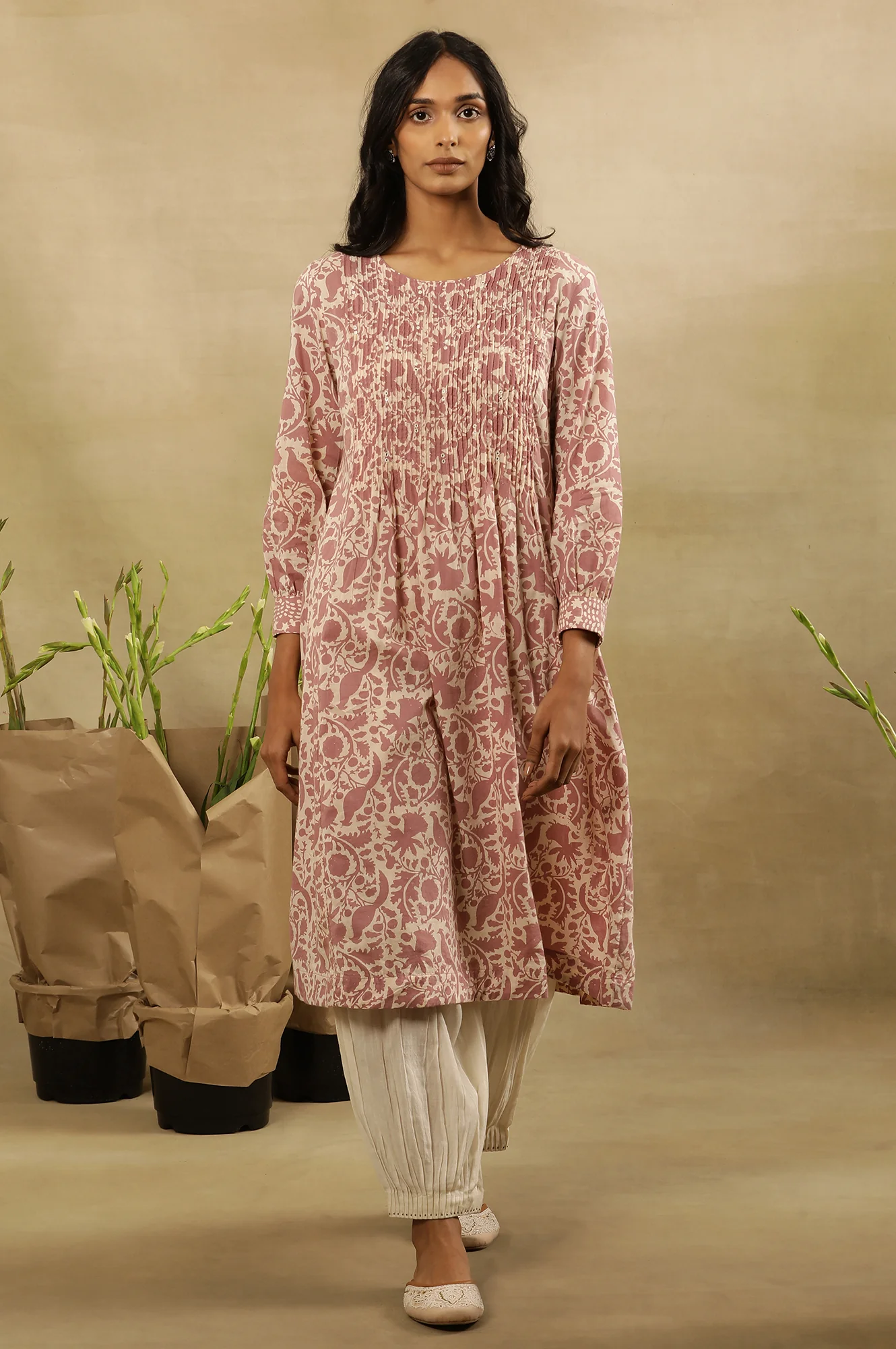 Pink Block Print Pleated Kurta In Cotton Voile - Image 2