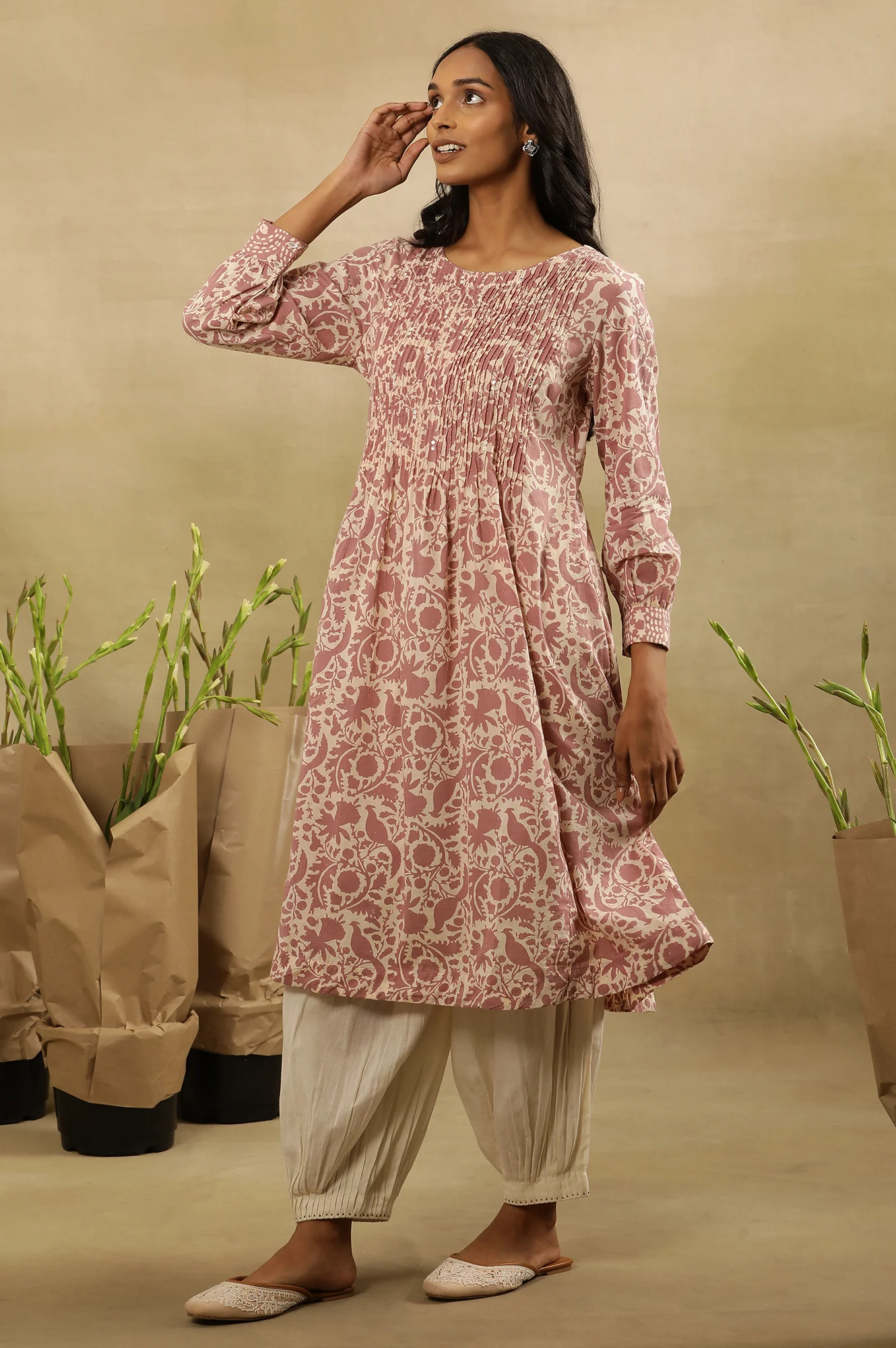 Pink Block Print Pleated Kurta In Cotton Voile - Image 3