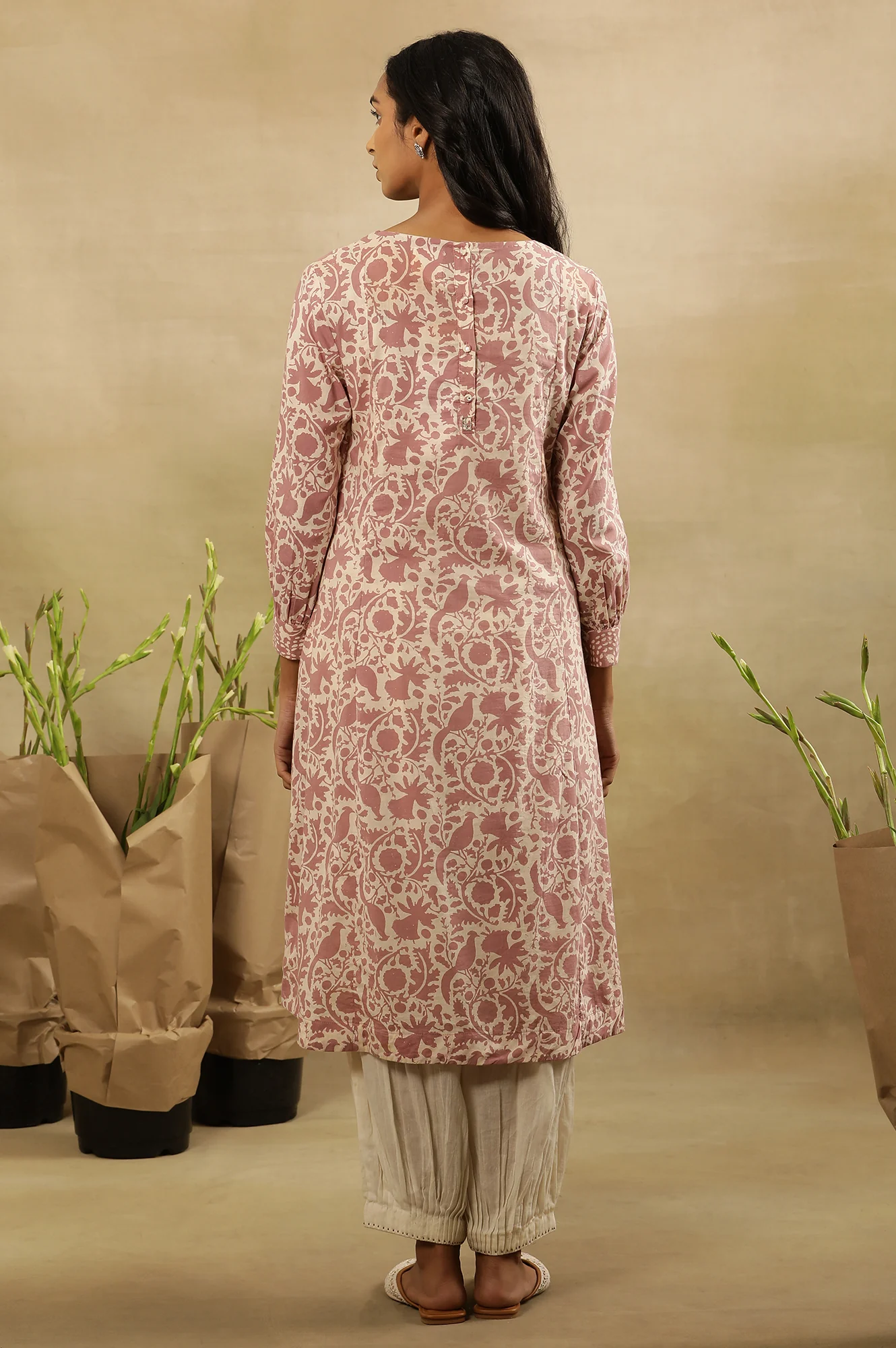 Pink Block Print Pleated Kurta In Cotton Voile - Image 4