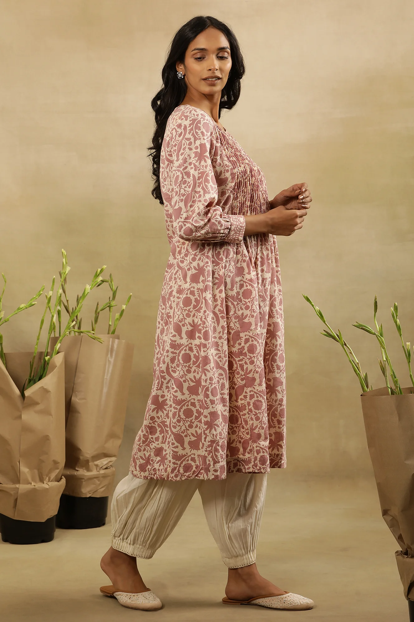Pink Block Print Pleated Kurta In Cotton Voile - Image 5