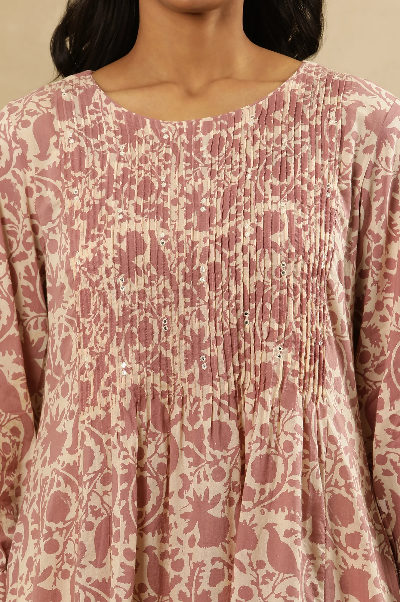 Pink Block Print Pleated Kurta In Cotton Voile - Image 7