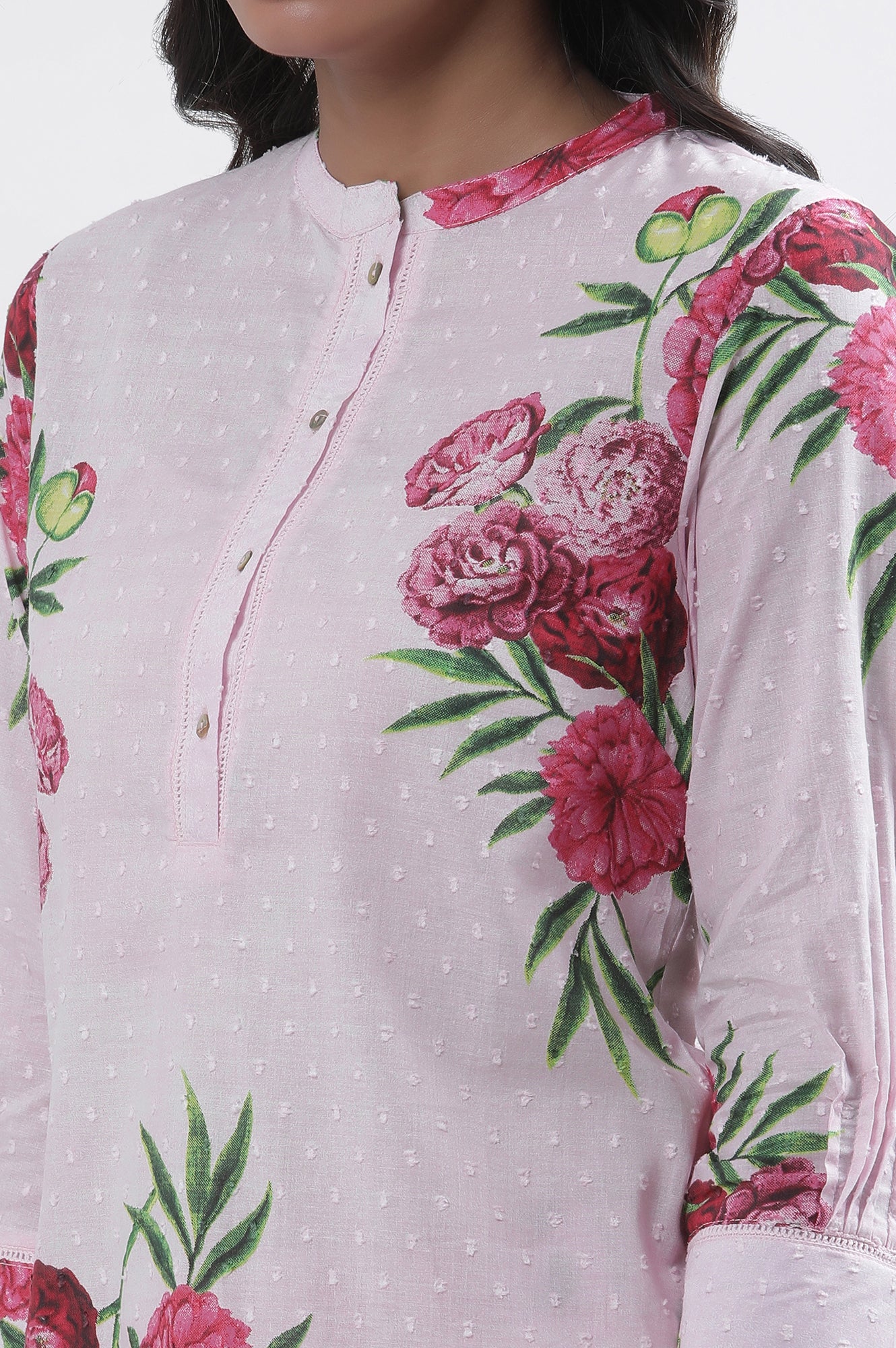 Pink Bold Floral Printed A-Line Short Kurta And Pants Set - Image 8
