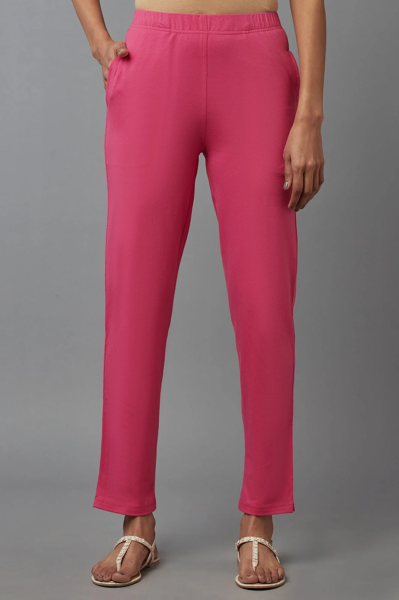 Elleven Women's Pink Solid Flared Cotton Pants With Elasticated Waist