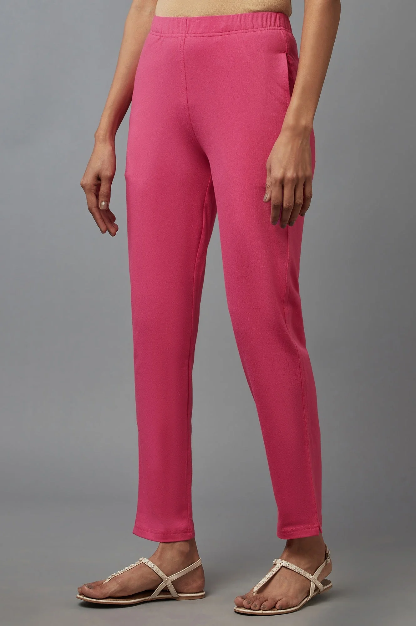 Elleven Women's Pink Solid Flared Cotton Pants With Elasticated Waist - Image 3