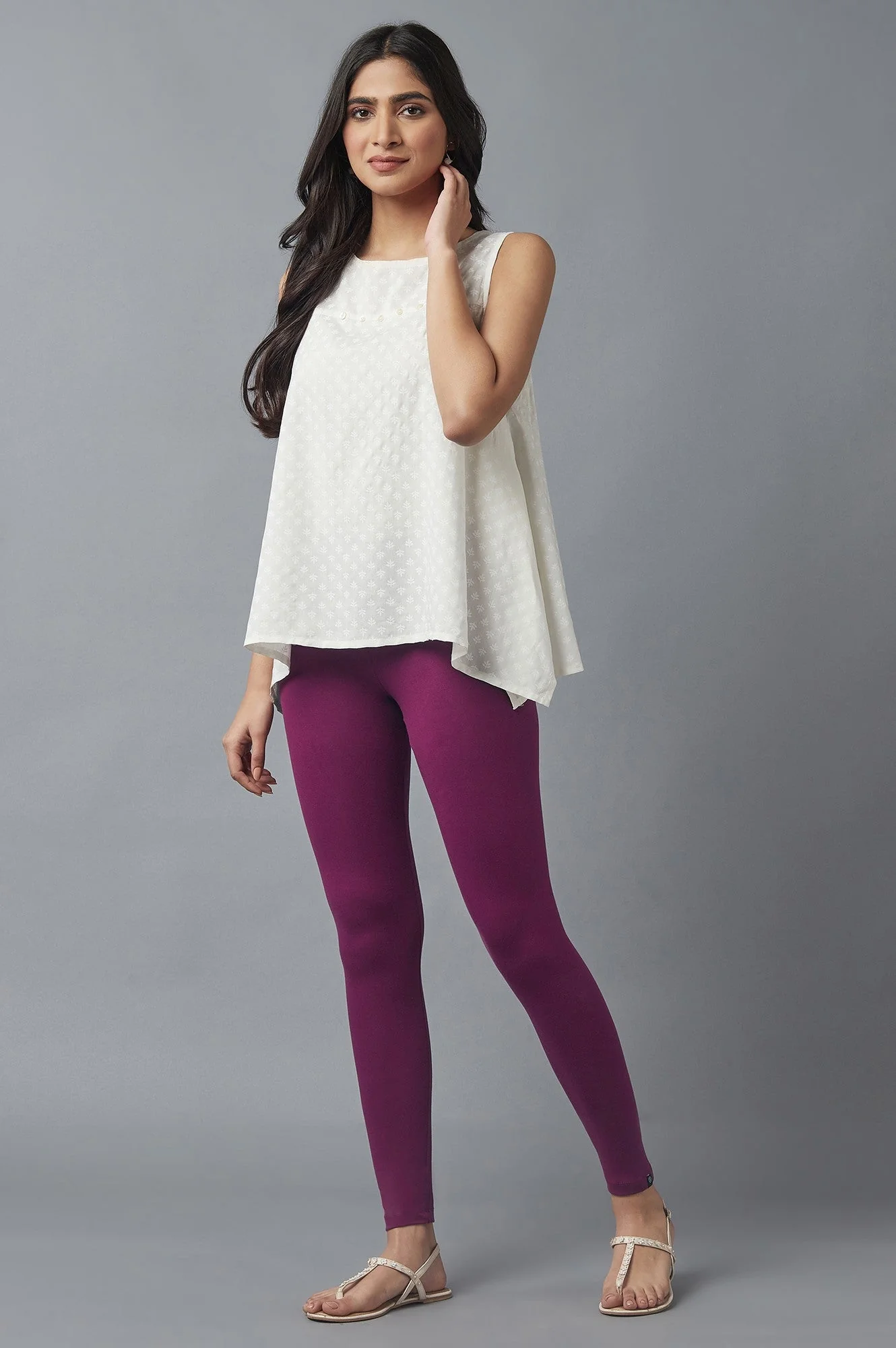 Elleven Women's Purple Solid Skinny Fit Cotton Tights With Elasticated Waist - Image 5