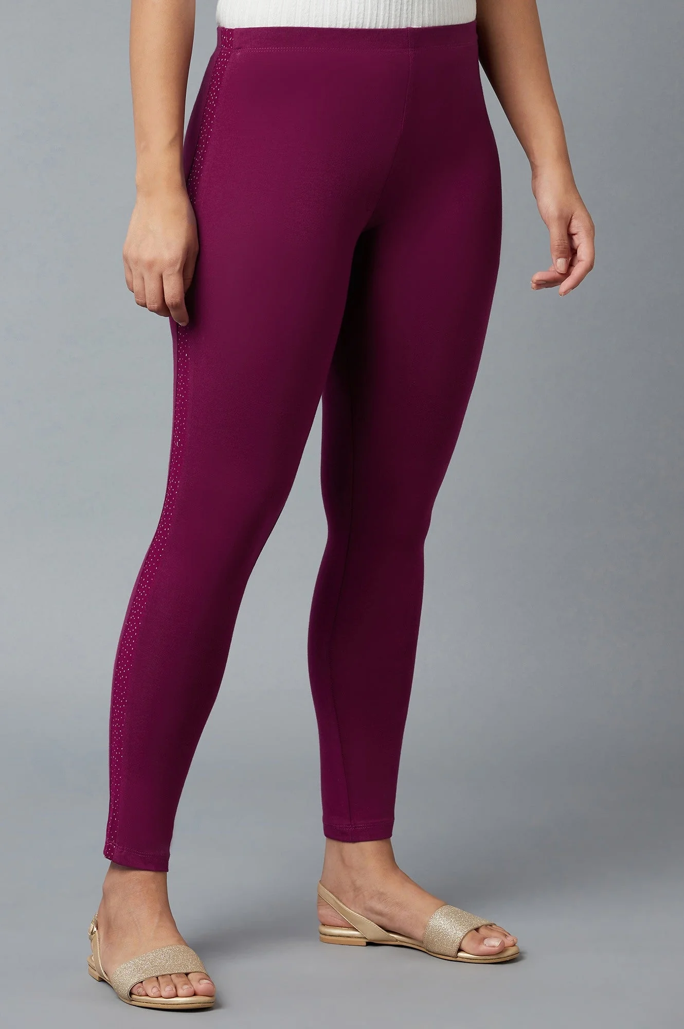 Elleven Women's Purple Solid Skinny Fit Cotton Tights With Elasticated Waist - Image 4