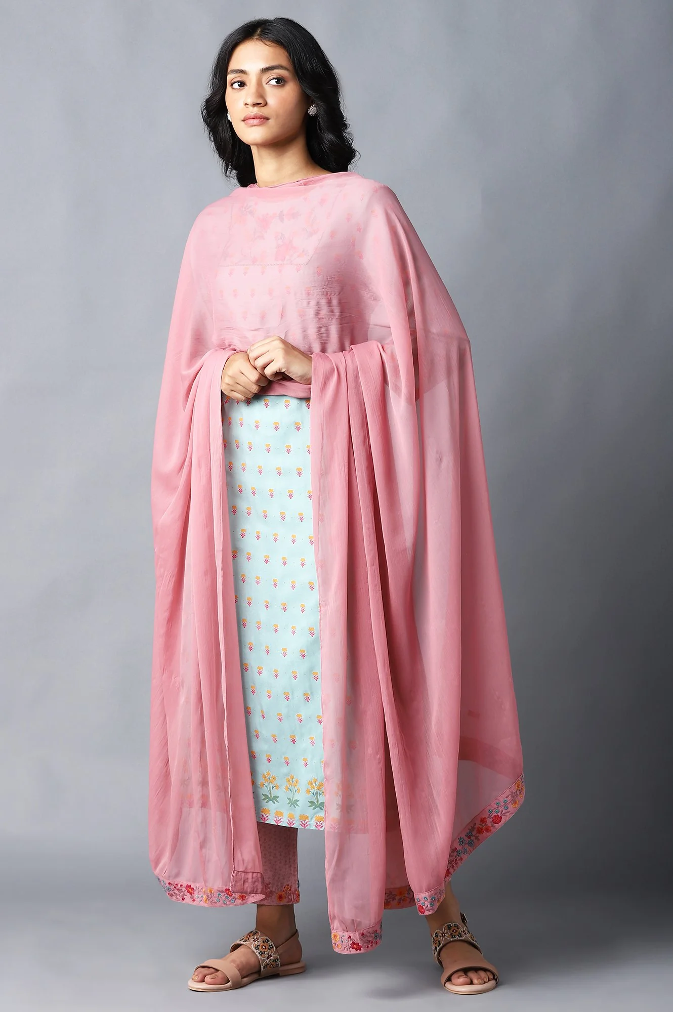 Pink Crinkled Chiffon Solid Dupatta - Image 2