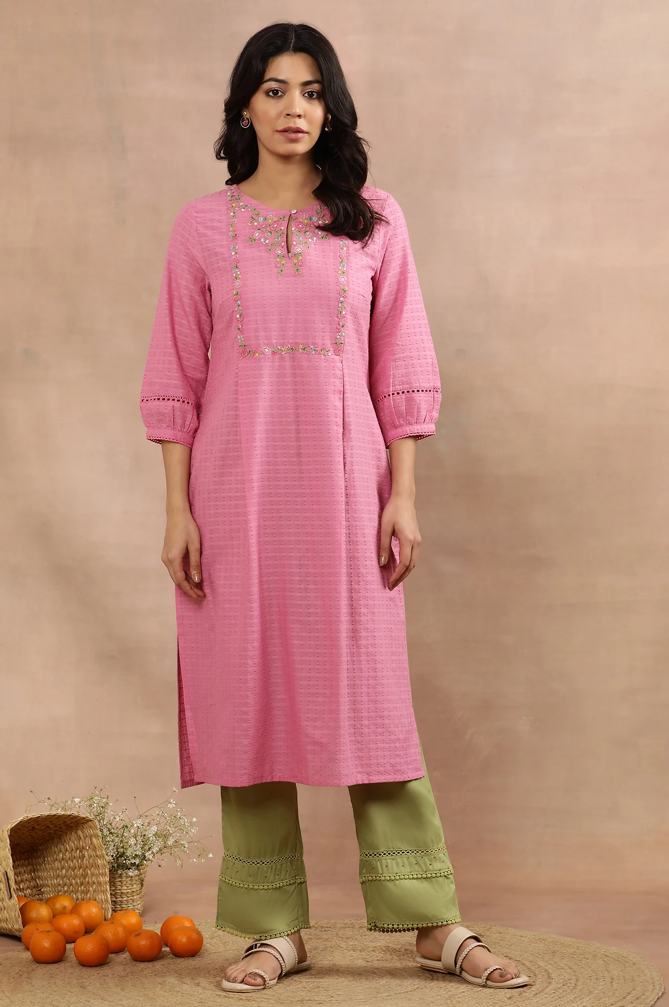Pink Embroidered Cotton Kurta And Pants Set - Image 2