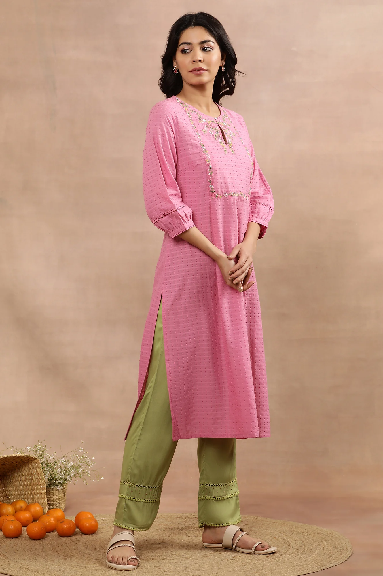 Pink Embroidered Cotton Kurta And Pants Set - Image 5
