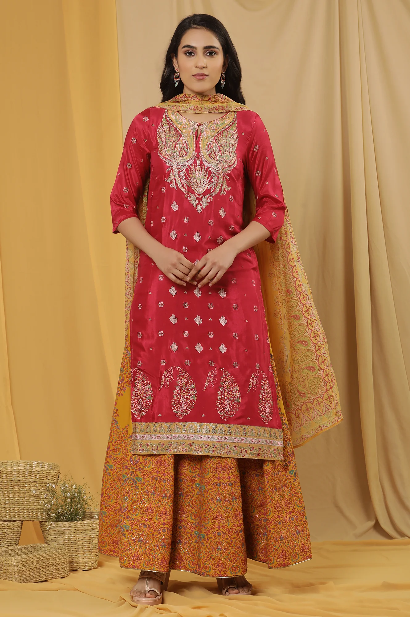 Pink Embroidered Kurta, Mustard Flared Skirt And Dupatta Set - Image 2