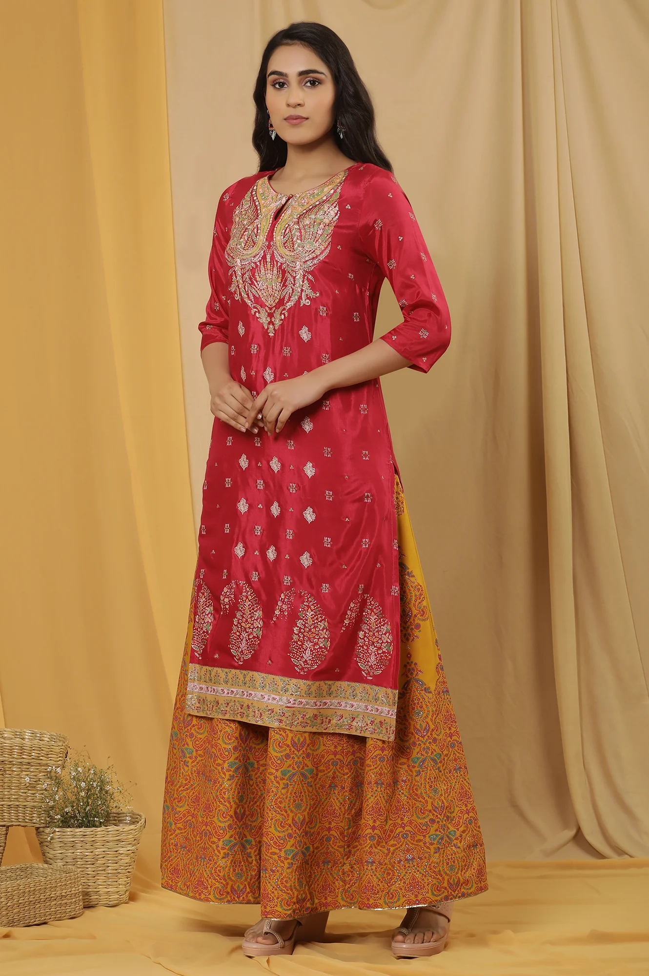 Pink Embroidered Kurta, Mustard Flared Skirt And Dupatta Set - Image 3