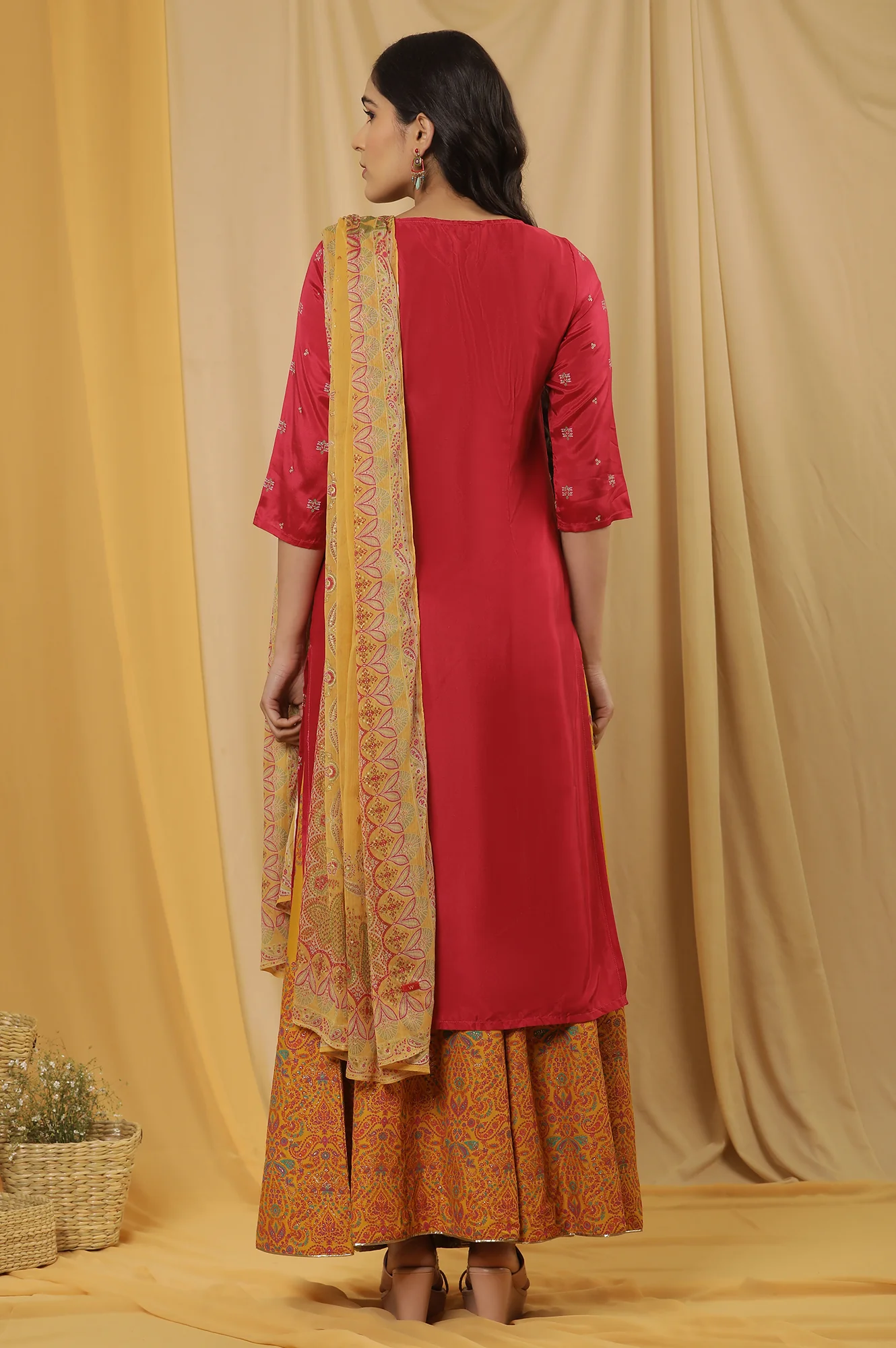 Pink Embroidered Kurta, Mustard Flared Skirt And Dupatta Set - Image 4