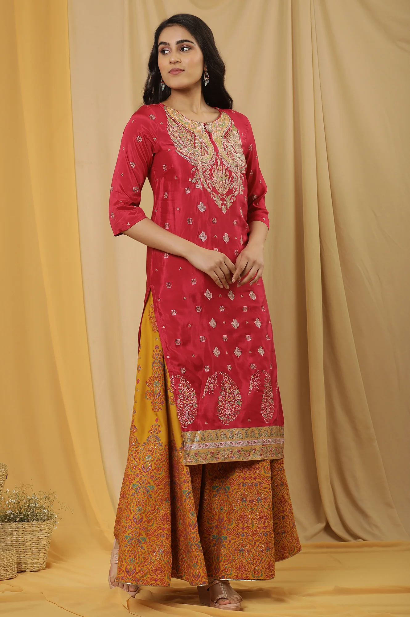 Pink Embroidered Kurta, Mustard Flared Skirt And Dupatta Set - Image 5
