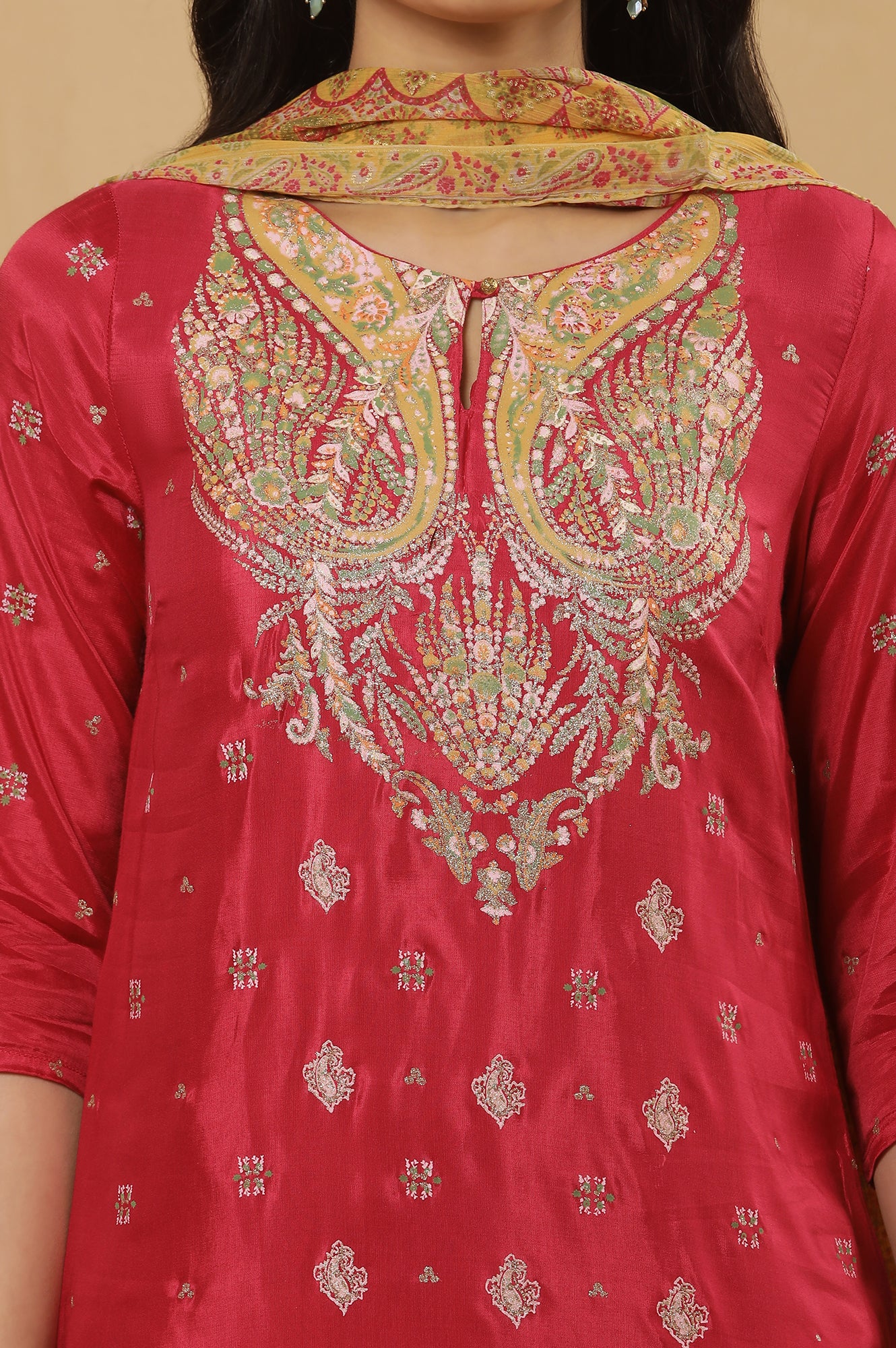 Pink Embroidered Kurta, Mustard Flared Skirt And Dupatta Set - Image 6