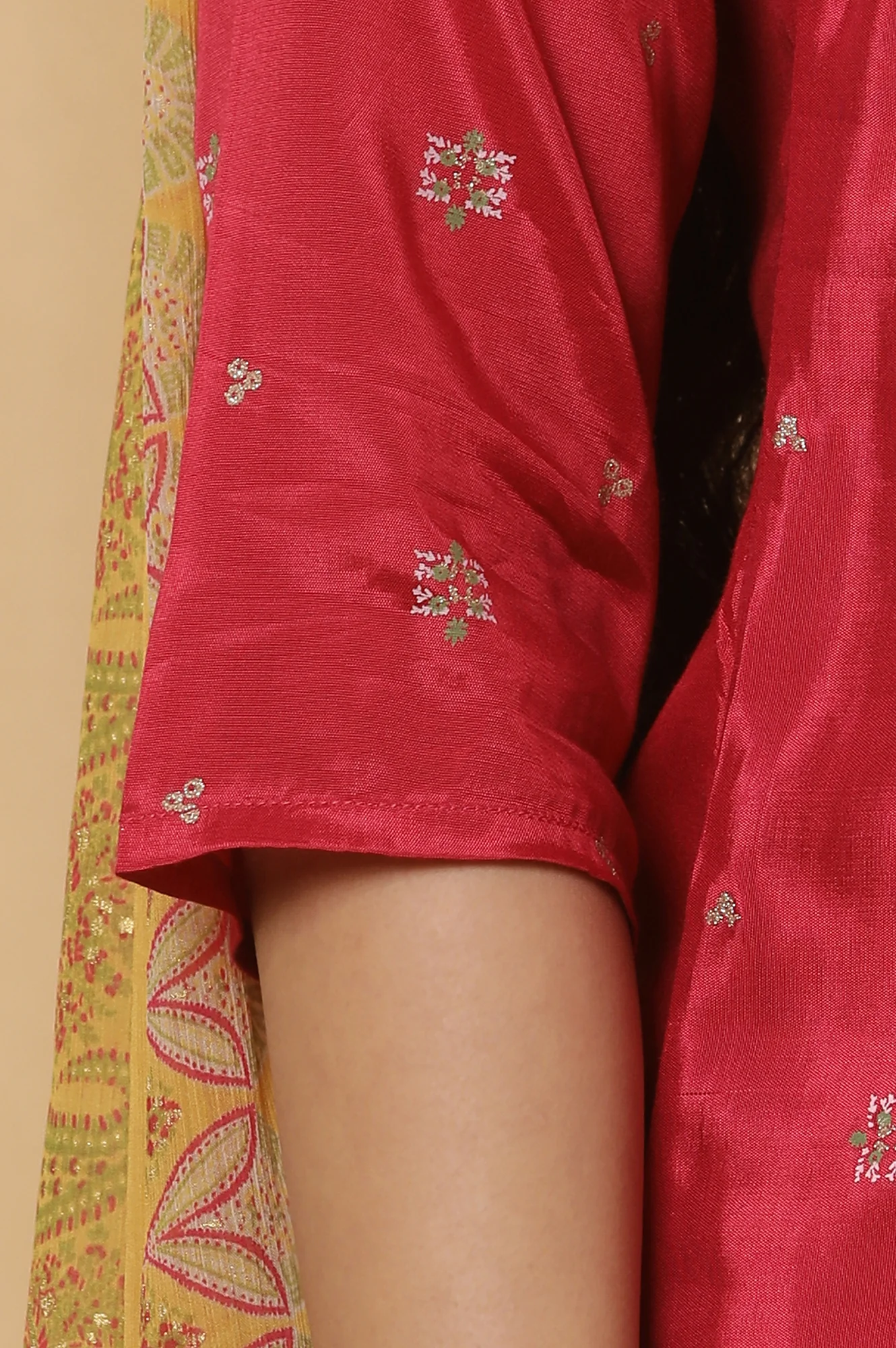 Pink Embroidered Kurta, Mustard Flared Skirt And Dupatta Set - Image 7