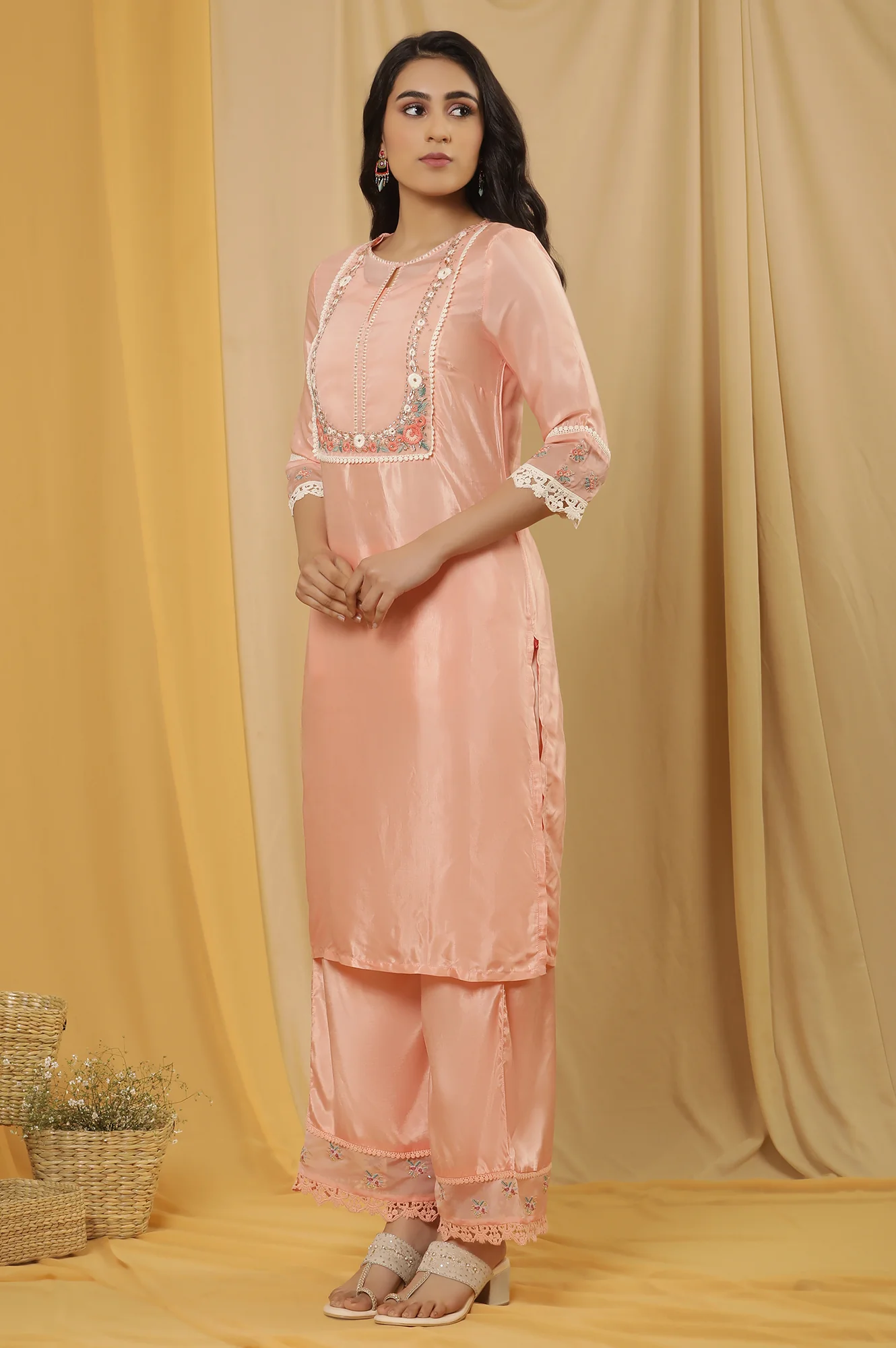 Pink Embroidered Kurta, Parallel Pants And Organza Dupatta Set - Image 3