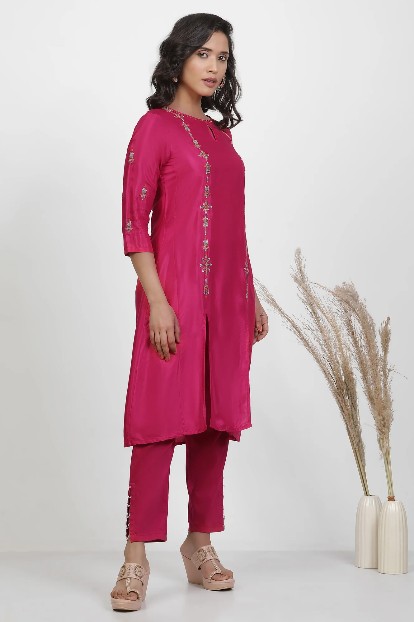 Pink Embroidered Shantung Kurta, Pants And Printed Dupatta Set - Image 5