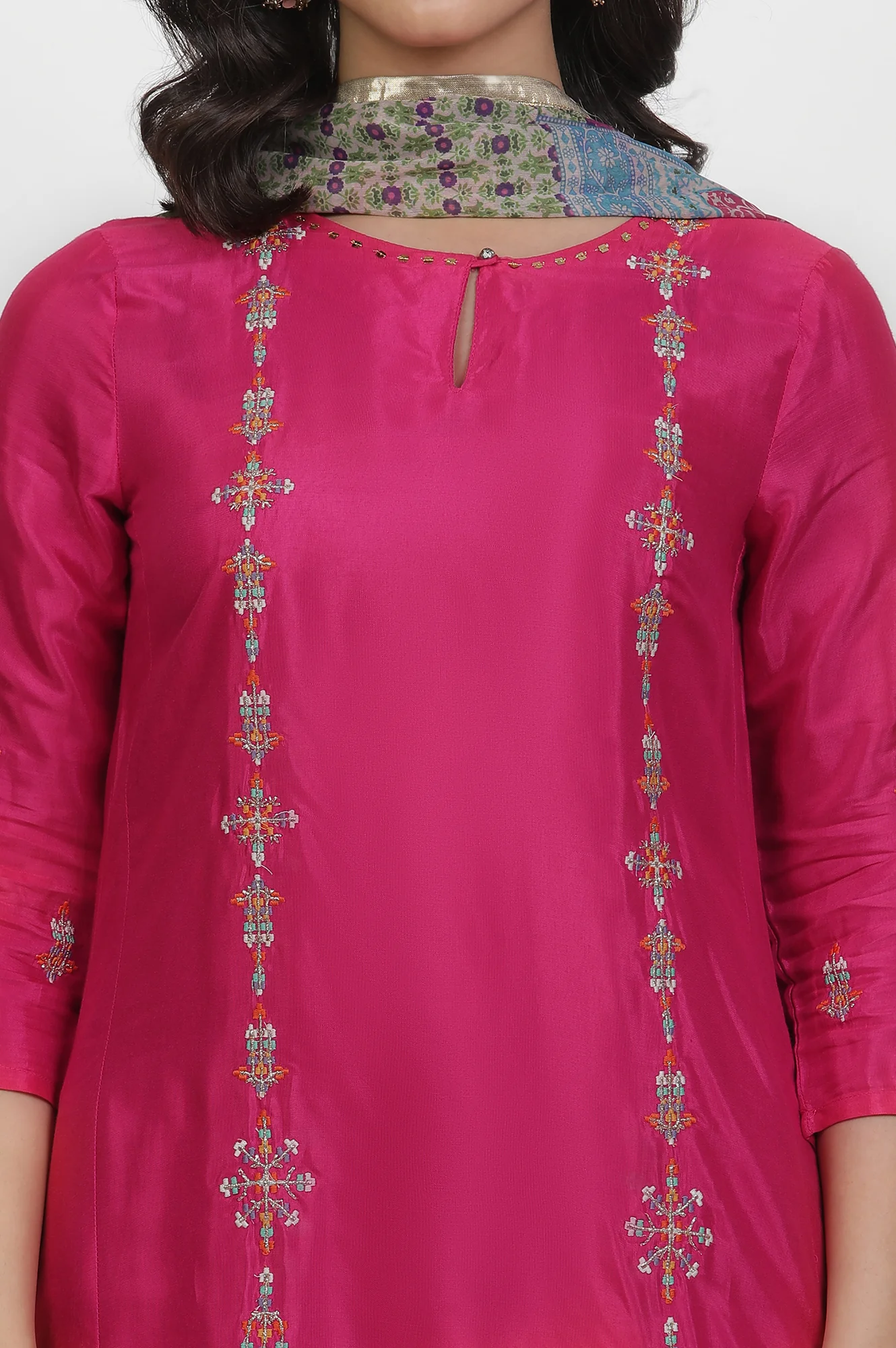 Pink Embroidered Shantung Kurta, Pants And Printed Dupatta Set - Image 6