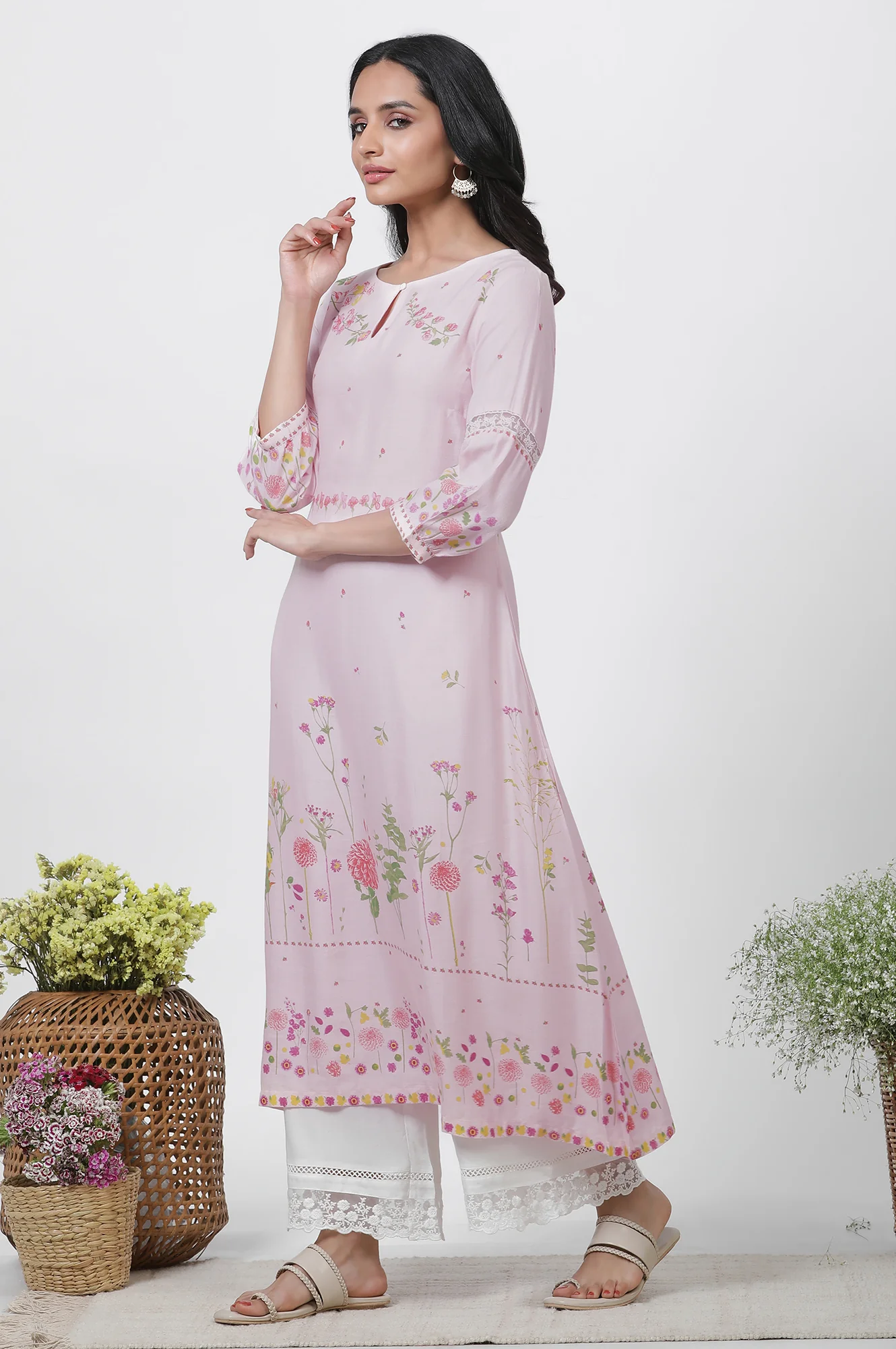 Pink Floral Printed A-Line Kurta, Pants And Kota Dupatta Set - Image 3