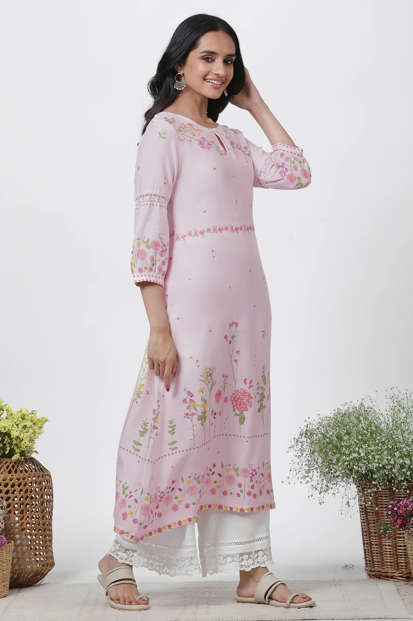 Pink Floral Printed A-Line Kurta, Pants And Kota Dupatta Set - Image 5