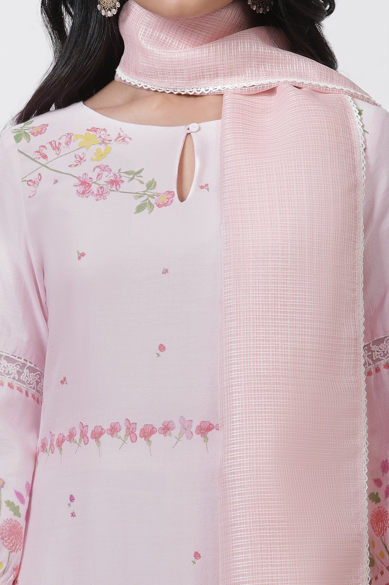 Pink Floral Printed A-Line Kurta, Pants And Kota Dupatta Set - Image 6
