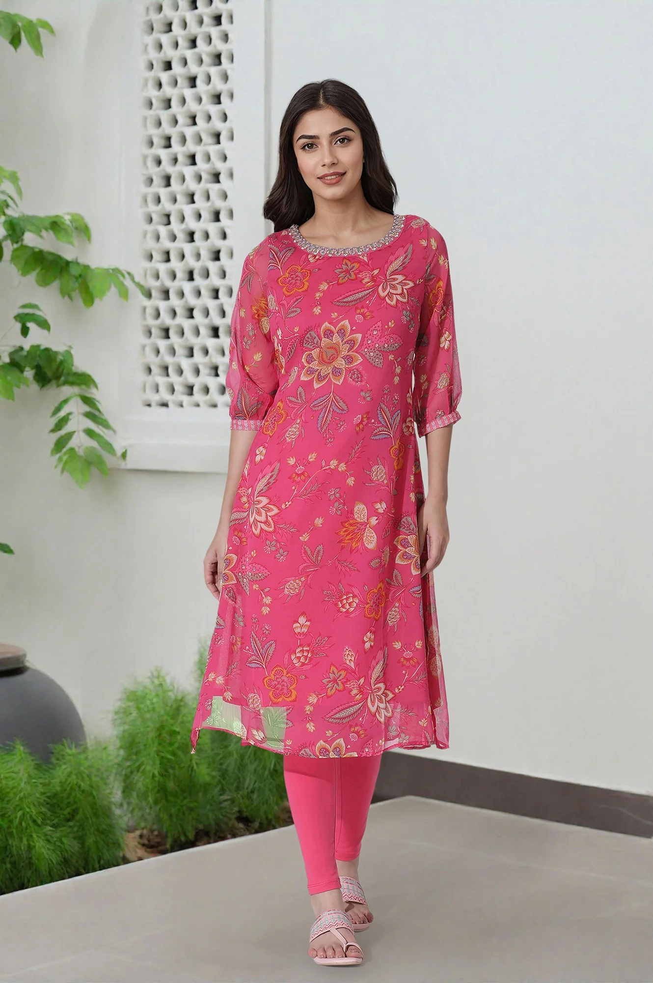Pink Floral Printed Chiffon A-Line Kurta and Tights Set - Image 2