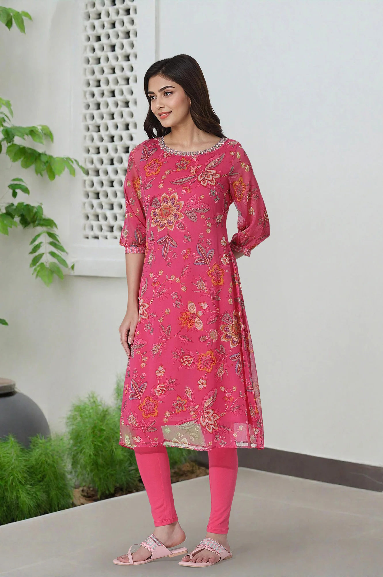 Pink Floral Printed Chiffon A-Line Kurta and Tights Set - Image 3