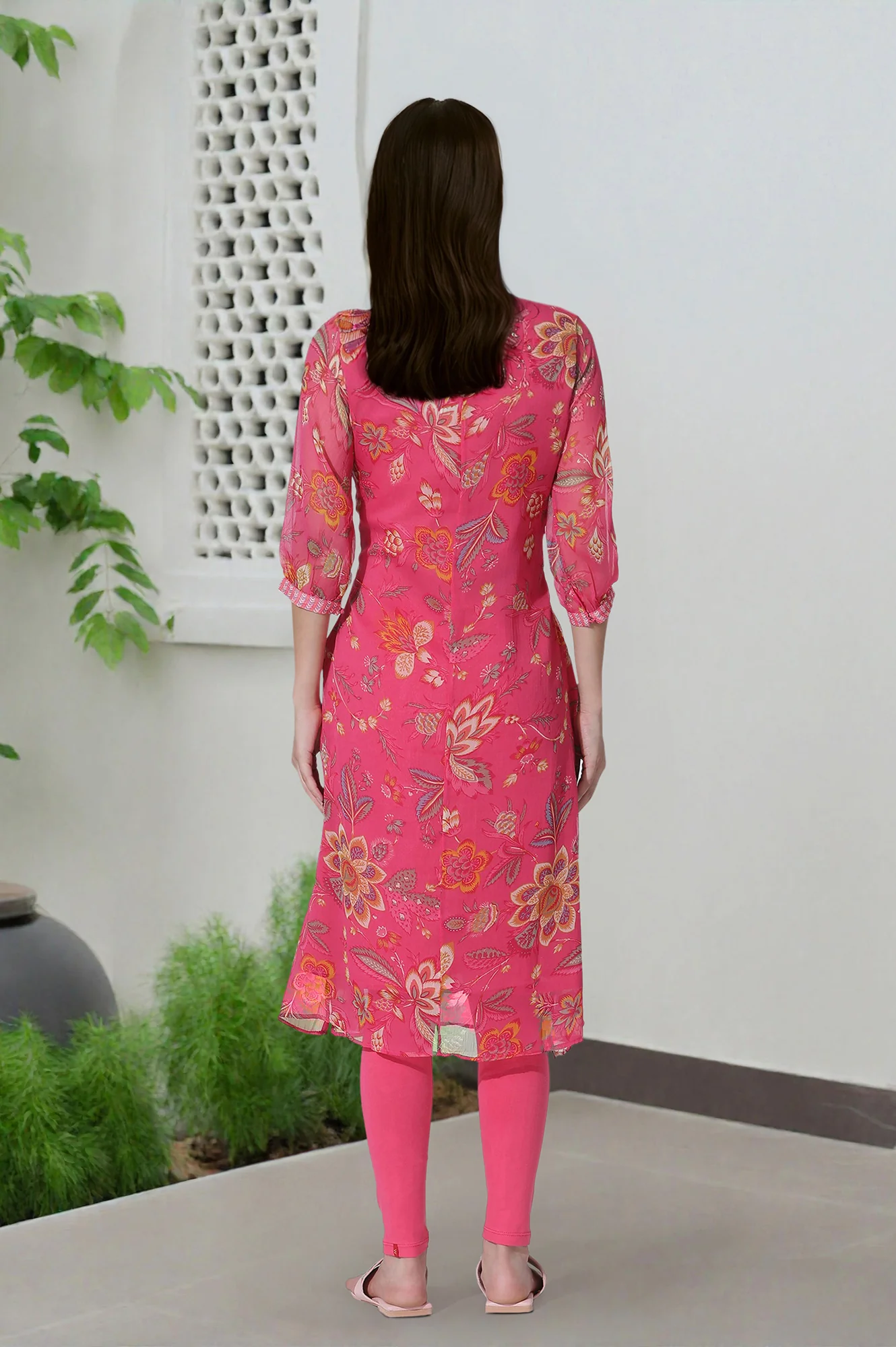 Pink Floral Printed Chiffon A-Line Kurta and Tights Set - Image 4