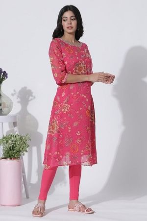Pink Floral Printed Chiffon A-Line Kurta and Tights Set - Image 9