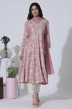 Pink Foil Printed Flared Kurta, Shantung Pants With Gota Patti Dupatta Set - Image 2
