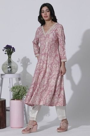 Pink Foil Printed Flared Kurta, Shantung Pants With Gota Patti Dupatta Set - Image 3