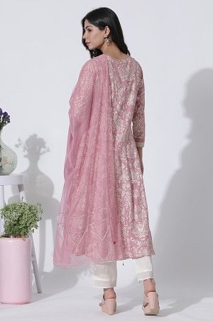 Pink Foil Printed Flared Kurta, Shantung Pants With Gota Patti Dupatta Set - Image 4