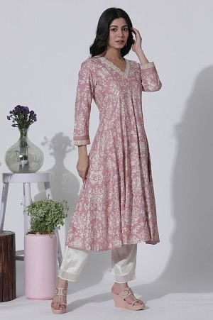 Pink Foil Printed Flared Kurta, Shantung Pants With Gota Patti Dupatta Set - Image 5