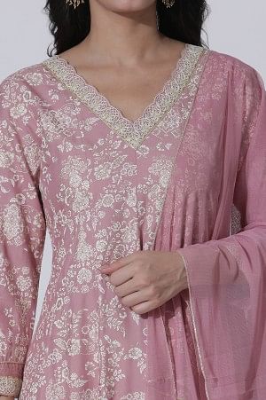 Pink Foil Printed Flared Kurta, Shantung Pants With Gota Patti Dupatta Set - Image 6