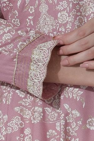 Pink Foil Printed Flared Kurta, Shantung Pants With Gota Patti Dupatta Set - Image 7